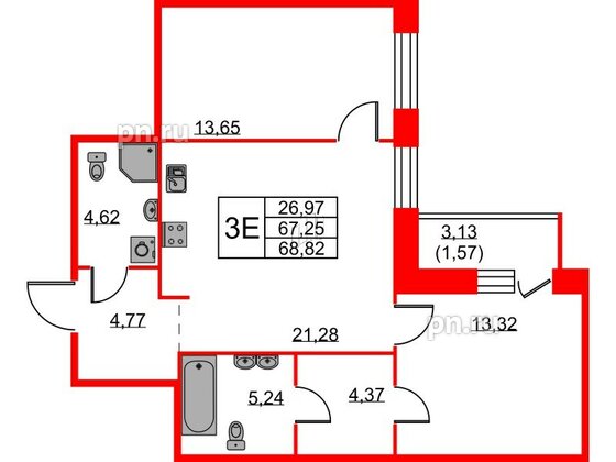 Квартира в ЖК ID Светлановский, 2 комнатная, 68.82 м², 2 этаж