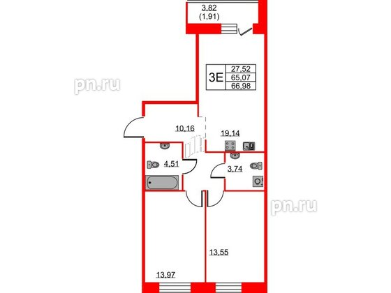 Квартира в ЖК ID Светлановский, 2 комнатная, 66.98 м², 2 этаж