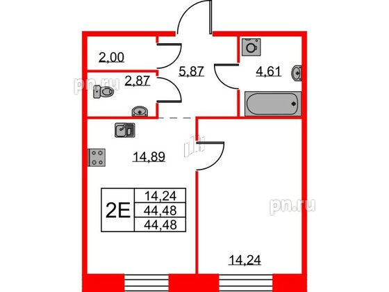 Квартира в ЖК ID Светлановский, 1 комнатная, 44.48 м², 2 этаж