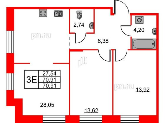 Квартира в ЖК ID Светлановский, 2 комнатная, 70.91 м², 2 этаж