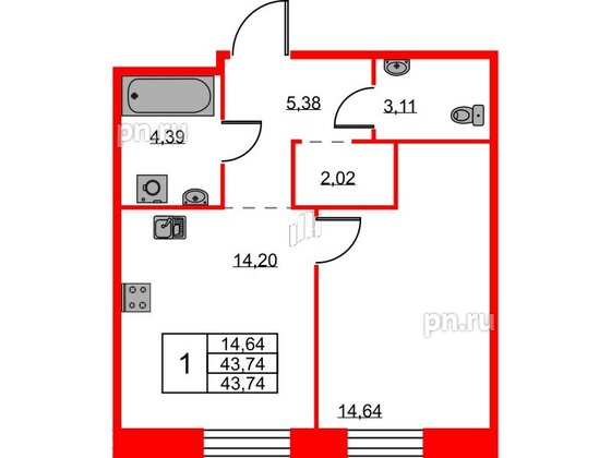 Квартира в ЖК ID Светлановский, 1 комнатная, 43.74 м², 2 этаж