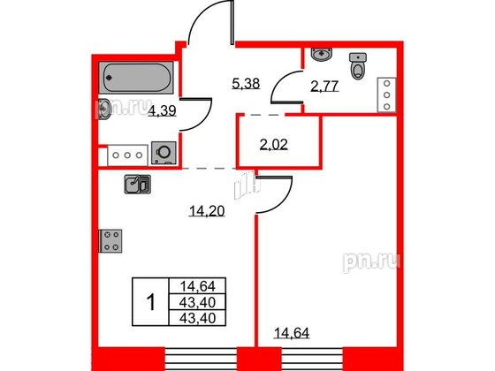 Квартира в ЖК ID Светлановский, 1 комнатная, 43.4 м², 3 этаж