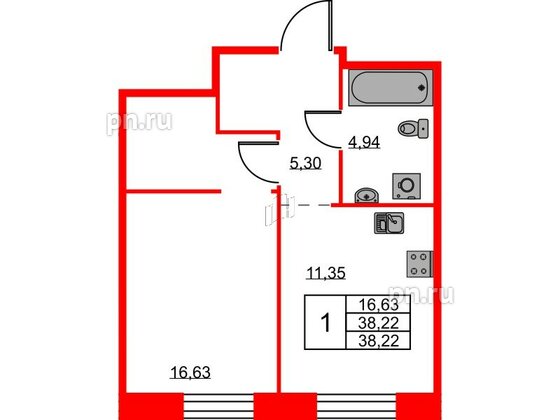 Квартира в ЖК ID Светлановский, 1 комнатная, 38.22 м², 2 этаж