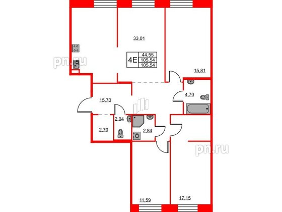 Квартира в ЖК ID Светлановский, 3 комнатная, 105.54 м², 2 этаж