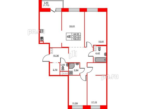 Квартира в ЖК ID Светлановский, 3 комнатная, 106.05 м², 3 этаж