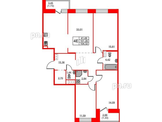 Квартира в ЖК ID Светлановский, 3 комнатная, 104.32 м², 5 этаж