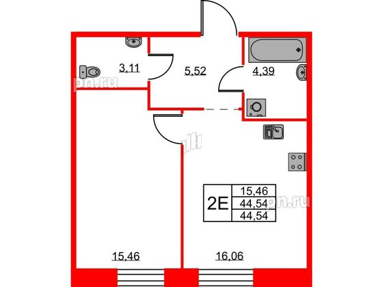 Квартира в ЖК ID Светлановский, 1 комнатная, 44.54 м², 2 этаж