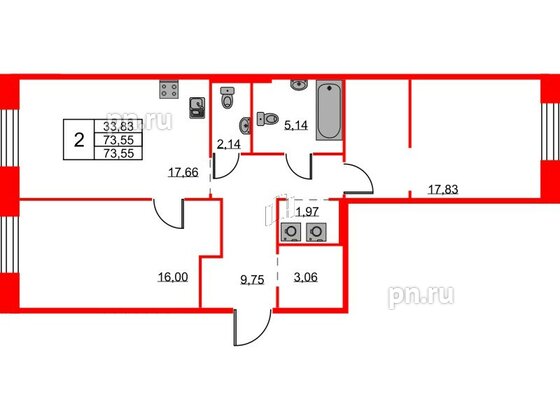 Квартира в ЖК ID Светлановский, 2 комнатная, 73.55 м², 2 этаж