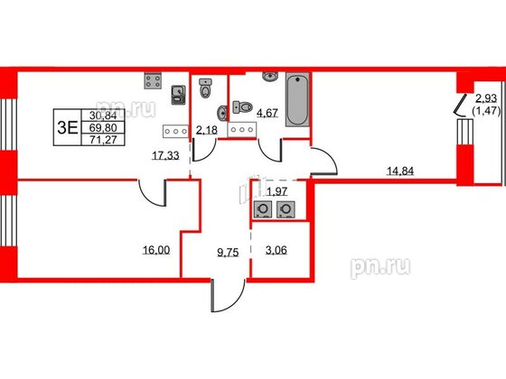 Квартира в ЖК ID Светлановский, 2 комнатная, 71.27 м², 4 этаж