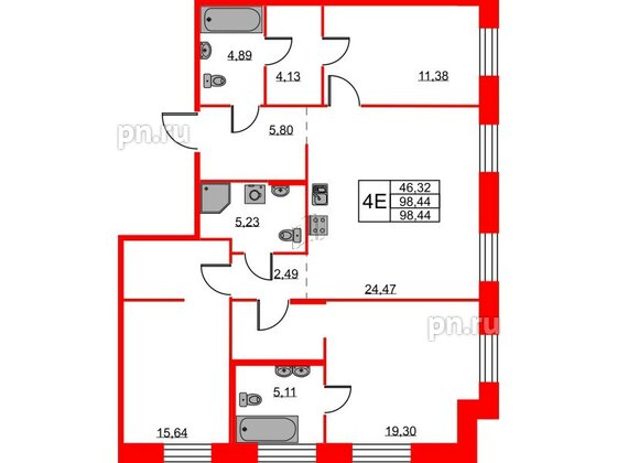 Квартира в ЖК ID Светлановский, 3 комнатная, 98.44 м², 2 этаж