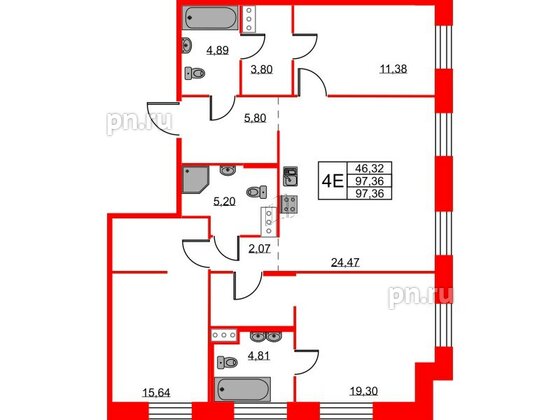 Квартира в ЖК ID Светлановский, 3 комнатная, 97.36 м², 3 этаж