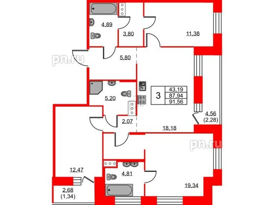 Квартира в ЖК ID Светлановский, 3 комнатная, 91.56 м², 4 этаж