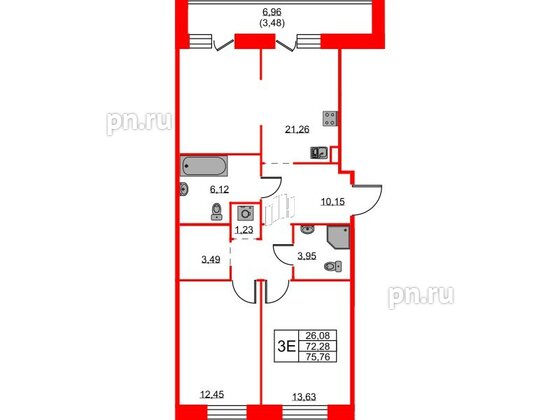 Квартира в ЖК ID Светлановский, 2 комнатная, 75.76 м², 2 этаж