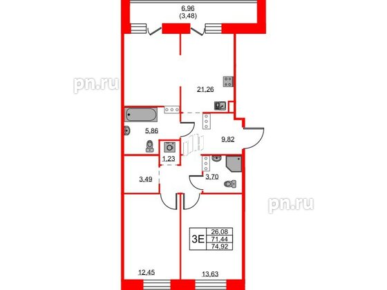 Квартира в ЖК ID Светлановский, 2 комнатная, 74.92 м², 3 этаж