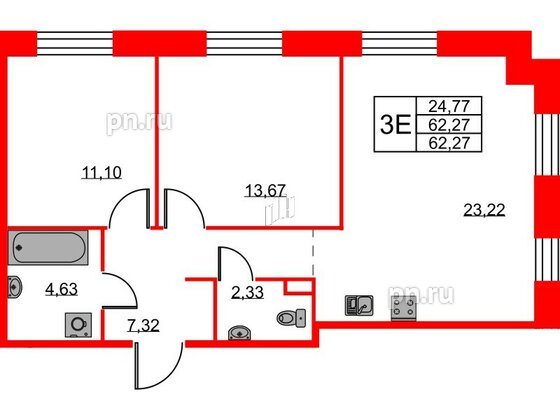 Квартира в ЖК ID Светлановский, 2 комнатная, 62.27 м², 2 этаж