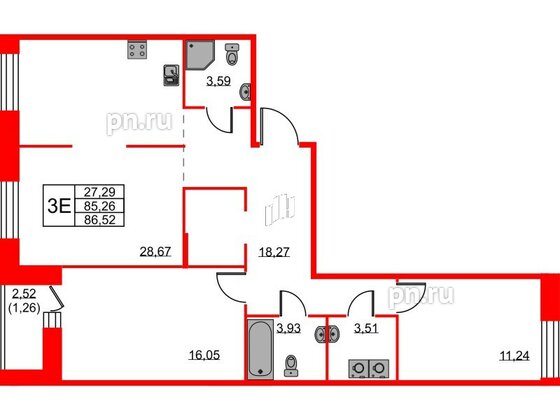 Квартира в ЖК ID Светлановский, 2 комнатная, 86.52 м², 2 этаж