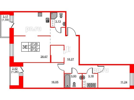 Квартира в ЖК ID Светлановский, 2 комнатная, 87.32 м², 3 этаж