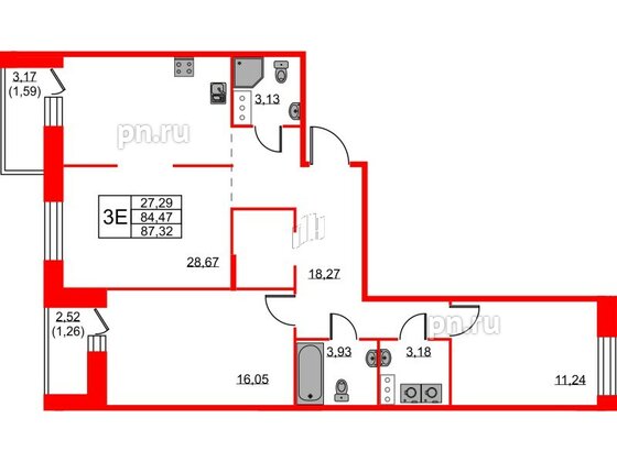 Квартира в ЖК ID Светлановский, 2 комнатная, 87.32 м², 5 этаж