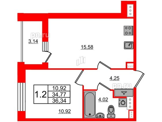 Квартира в ЖК Прайм Приморский, 1 комнатная, 34.77 м², 5 этаж