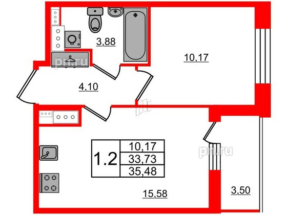 Квартира в ЖК Прайм Приморский, 1 комнатная, 33.73 м², 12 этаж