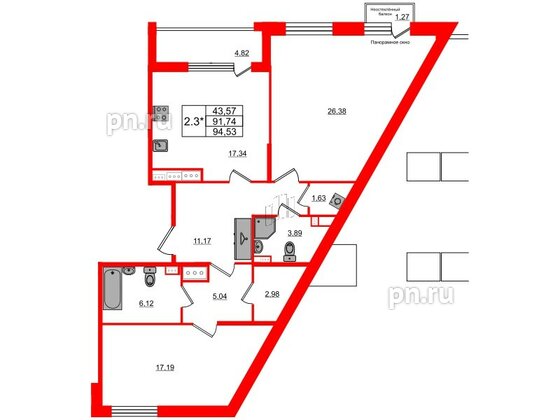 Квартира в ЖК Прайм Приморский, 2 комнатная, 91.74 м², 11 этаж