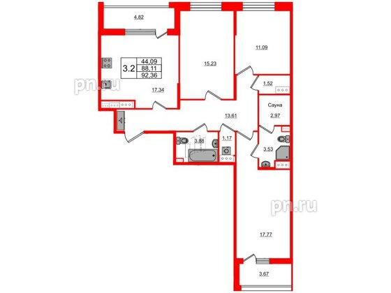 Квартира в ЖК Прайм Приморский, 3 комнатная, 88.11 м², 9 этаж