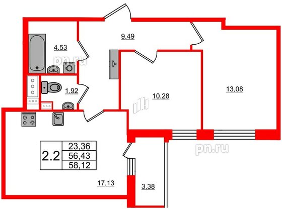 Квартира в ЖК Прайм Приморский, 2 комнатная, 56.43 м², 9 этаж