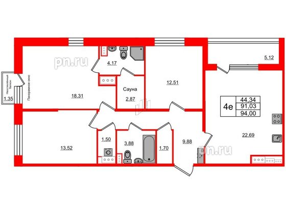 Квартира в ЖК Прайм Приморский, 3 комнатная, 91.03 м², 7 этаж