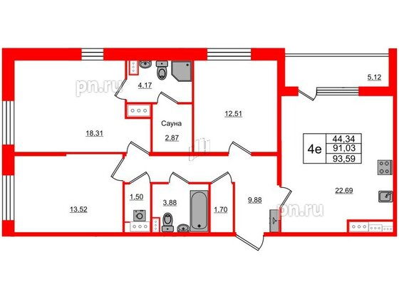 Квартира в ЖК Прайм Приморский, 3 комнатная, 91.03 м², 6 этаж