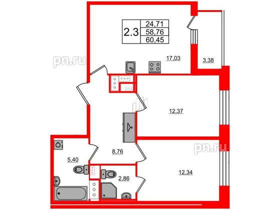 Квартира в ЖК Прайм Приморский, 2 комнатная, 58.76 м², 3 этаж