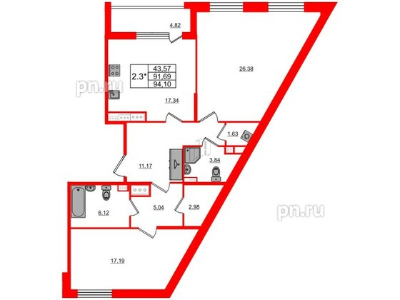 Квартира в ЖК Прайм Приморский, 2 комнатная, 91.69 м², 12 этаж