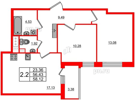 Квартира в ЖК Прайм Приморский, 2 комнатная, 56.43 м², 8 этаж