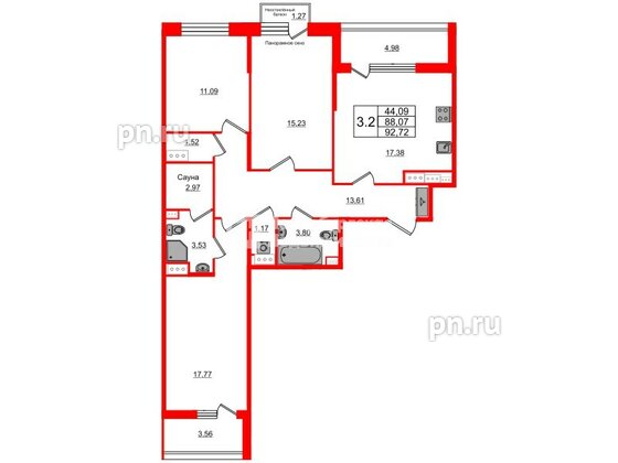 Квартира в ЖК «Прайм Приморский», 3 комнатная, 87.2 м², 9 этаж