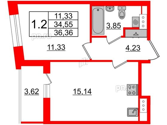 Квартира в ЖК Прайм Приморский, 1 комнатная, 34.55 м², 2 этаж