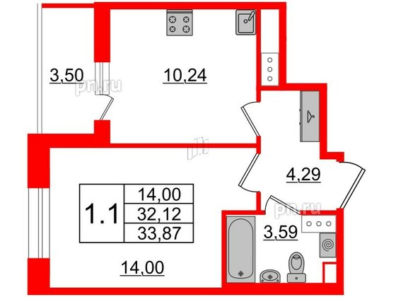 Квартира в ЖК Прайм Приморский, 1 комнатная, 32.12 м², 6 этаж