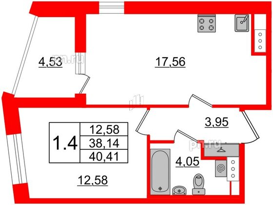 Квартира в ЖК Прайм Приморский, 1 комнатная, 38.14 м², 11 этаж