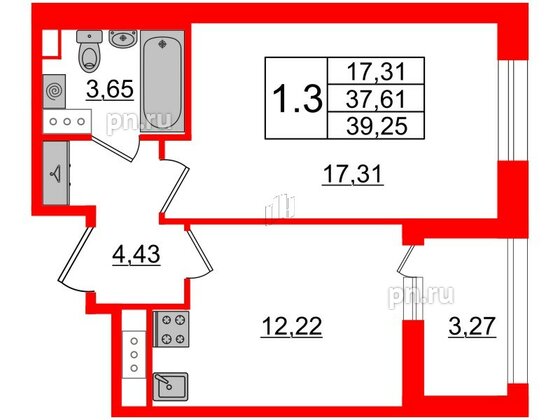 Квартира в ЖК Прайм Приморский, 1 комнатная, 37.61 м², 4 этаж