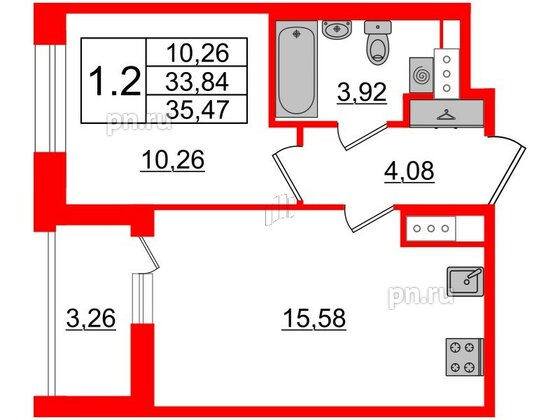 Квартира в ЖК Прайм Приморский, 1 комнатная, 33.84 м², 11 этаж