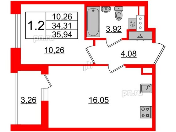 Квартира в ЖК Прайм Приморский, 1 комнатная, 34.31 м², 2 этаж