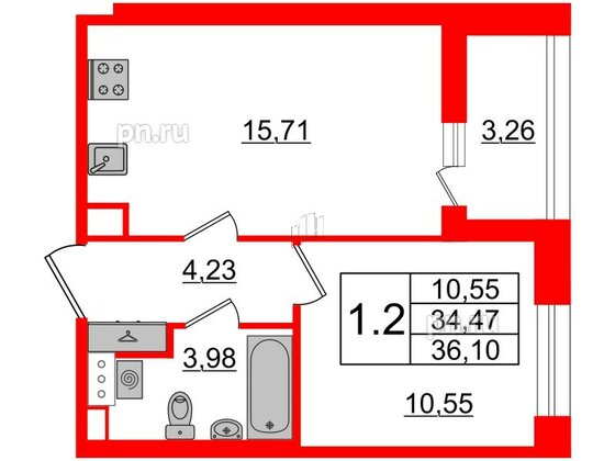 Квартира в ЖК Прайм Приморский, 1 комнатная, 34.47 м², 7 этаж