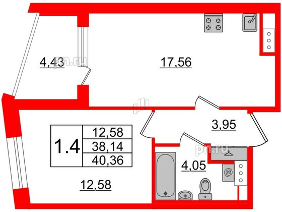 Квартира в ЖК Прайм Приморский, 1 комнатная, 38.14 м², 5 этаж