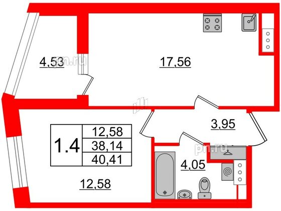 Квартира в ЖК Прайм Приморский, 1 комнатная, 38.14 м², 10 этаж