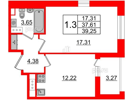 Квартира в ЖК Прайм Приморский, 1 комнатная, 37.61 м², 11 этаж