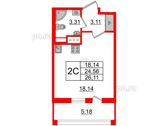 Квартира в ЖК Прайм Приморский, студия, 24.56 м², 2 этаж