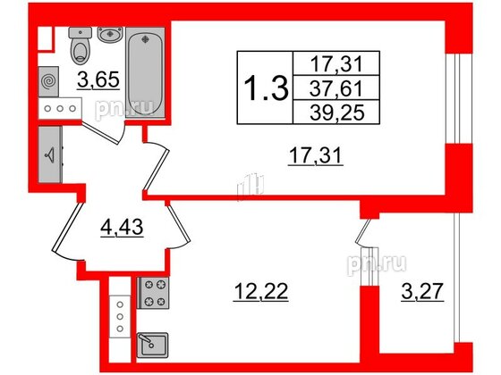 Квартира в ЖК Прайм Приморский, 1 комнатная, 37.61 м², 2 этаж