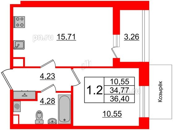 Квартира в ЖК Прайм Приморский, 1 комнатная, 34.77 м², 2 этаж