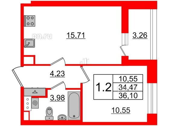 Квартира в ЖК Прайм Приморский, 1 комнатная, 34.47 м², 4 этаж