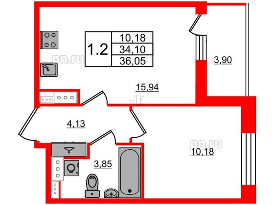 Квартира в ЖК Прайм Приморский, 1 комнатная, 34.1 м², 12 этаж