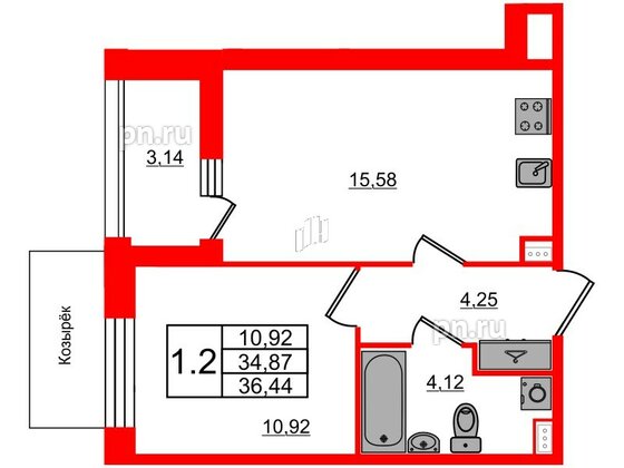 Квартира в ЖК Прайм Приморский, 1 комнатная, 34.87 м², 2 этаж