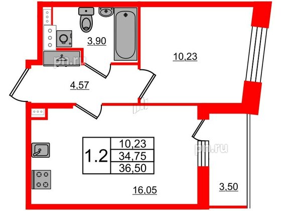 Квартира в ЖК Прайм Приморский, 1 комнатная, 34.75 м², 2 этаж